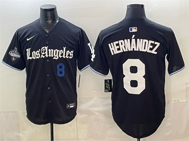 Men's Los Angeles Dodgers #8 Enrique Hernández Black 2025 World Series Champions Patch 'Gothic Edition' Vapor Premier Limited Stitched Baseball Jersey Men's Los Angeles Dodgers #8 Enrique Hernández Black 2025 World Series Champions Patch 'Gothic Edition' Vapor Premier Limited Stitched Baseball Jersey
